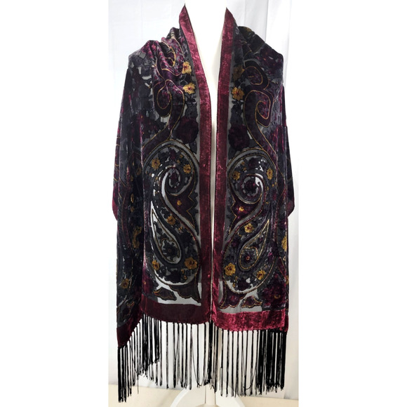 Velvet Bournout Floral Paisley Shawl Wrap Burgundy Black Fringe Boho Hippy Scarf - Picture 1 of 6